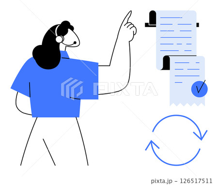 Person pointing to a long checklist, signaling task completion and organization. Ideal for project management productivity checking tasks business administration and workflow optimization. Simple 126517511