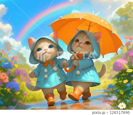 雨上がりの帰り道、仲良し子猫 126517690