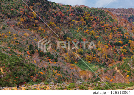安達太良山・くろがね小屋付近の紅葉の山並み 126518064