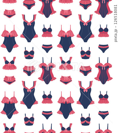 Vector summer pattern with vintage swimsuits in row. Texture with summerwear in pin up cartoon style 126518081
