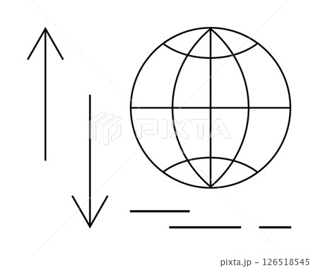 Globe with latitude and longitude lines, upward and downward arrows, horizontal lines. Ideal for technology, network, communication, data transfer, internet, connectivity, global business. Banner Globe with latitude and longitude lines, upward and downward arrows, horizontal lines. Ideal for technology, network, communication, data transfer, internet, connectivity, global business. Banner 126518545