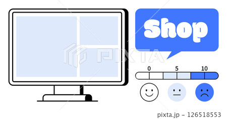 Computer screen with website layout, shop label, and customer satisfaction scale. Ideal for e-commerce, online stores, customer feedback, web design, and user experience. Simple vector style 126518553