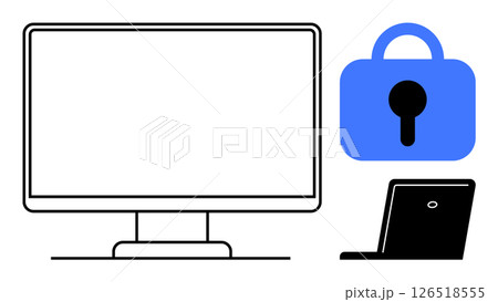 Computer monitor and laptop next to a blue lock symbol Ideal for cybersecurity, digital security data protection internet safety and hacking prevention Simple modern design Computer monitor and laptop next to a blue lock symbol Ideal for cybersecurity, digital security data protection internet safety and hacking prevention Simple modern design 126518555
