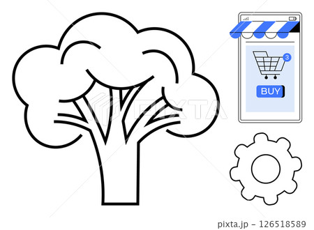 Simple line art showing a tree, online shopping cart on a mobile phone, and a gear. Ideal for ecommerce, technology, sustainability, digitalization, and environmental themes. Minimalist vector style Simple line art showing a tree, online shopping cart on a mobile phone, and a gear. Ideal for ecommerce, technology, sustainability, digitalization, and environmental themes. Minimalist vector style 126518589