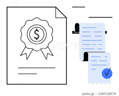 A document with a financial seal and two receipts with a blue checkmark. Ideal for business, finance, accounting, official paperwork, and bookkeeping themes. Clean, modern design 126518674