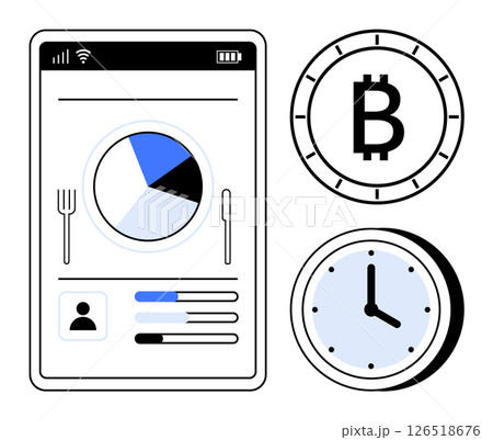 Digital finance tracking app on mobile with pie chart, Bitcoin symbol, clock. Ideal for finance, cryptocurrency, time management, investment planning, business, technology, personal budgeting. Line 126518676