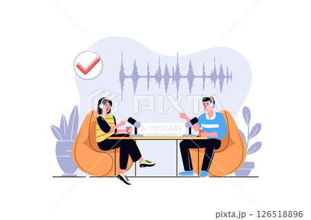 Podcast streaming web concept with cartoon people design. Woman and man in earphones broadcasting live at studio, recording audio conversation. Flat illustration isolated on white background. 126518896