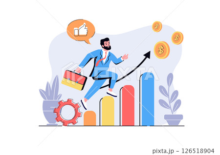 Business growth web concept with cartoon people design. Businessman successfully developing company, increases sales performances at graphs. Flat illustration isolated on white background. Business growth web concept with cartoon people design. Businessman successfully developing company, increases sales performances at graphs. Flat illustration isolated on white background. 126518904