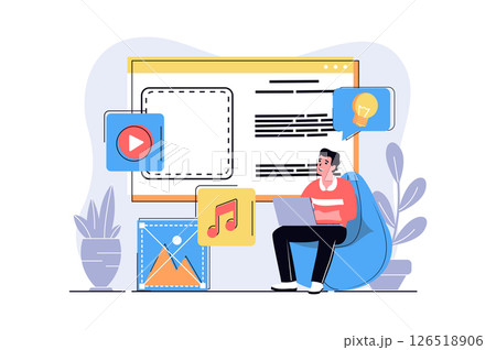 Content manager web concept with cartoon people design. Man creating video and audio content for filling site, finding new ideas for publication. Flat illustration isolated on white background. Content manager web concept with cartoon people design. Man creating video and audio content for filling site, finding new ideas for publication. Flat illustration isolated on white background. 126518906