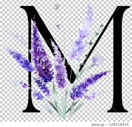 Black letter M with watercolor purple lavender flowers, summer floral wedding isolated monogram 126518934
