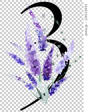 Black number 3 with watercolor purple lavender flowers bouquet, summer floral wedding element Black number 3 with watercolor purple lavender flowers bouquet, summer floral wedding element 126518935