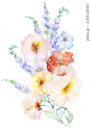 Bouquet with Watercolor pink and yellow flowers and leaves, pastel wedding isolated illustration 126518938