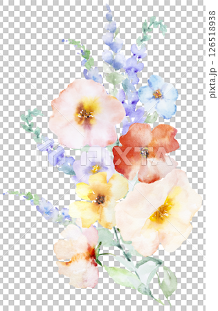 Bouquet with Watercolor pink and yellow flowers and leaves, pastel wedding isolated illustration 126518938