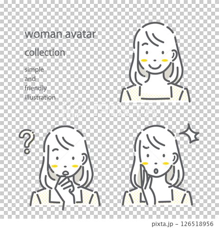 一組女性面部表情:簡單而時尚的線條畫插圖 一組女性面部表情:簡單而時尚的線條畫插圖 126518956