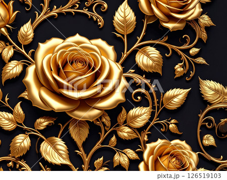 Beautiful solitary golden roses brunch, vivid colours, shiny on a black background. Beautiful solitary golden roses brunch, vivid colours, shiny on a black background. 126519103