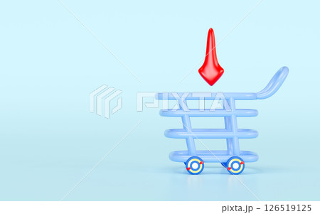 3d cartoon shopping cart icon with arrow isolated on blue background. Concept of shopping in supermarket, putting goods in basket, 3d render illustration 3d cartoon shopping cart icon with arrow isolated on blue background. Concept of shopping in supermarket, putting goods in basket, 3d render illustration 126519125
