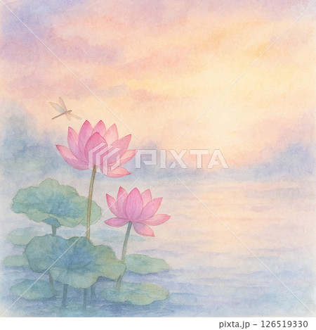 蓮の花と朝焼けの水彩背景 – Lotus Blossoms at Sunrise Watercolo 126519330