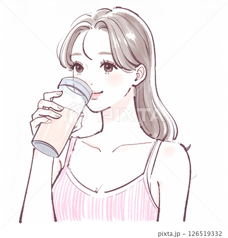 トレーニングウェアの女性がプロテイン・水・栄養ドリンクを飲むイラスト|ヨガ・ピラティス・ジム・筋トレ トレーニングウェアの女性がプロテイン・水・栄養ドリンクを飲むイラスト|ヨガ・ピラティス・ジム・筋トレ 126519332