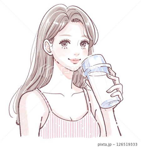トレーニングウェアの女性がプロテイン・水・栄養ドリンクを飲むイラスト｜ヨガ・ピラティス・ジム・筋トレ 126519333