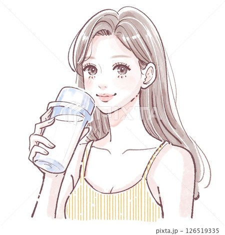 トレーニングウェアの女性がプロテイン・水・栄養ドリンクを飲むイラスト｜ヨガ・ピラティス・ジム・筋トレ 126519335