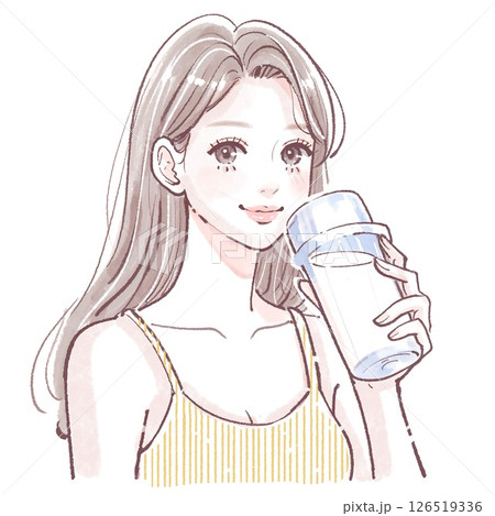 トレーニングウェアの女性がプロテイン・水・栄養ドリンクを飲むイラスト｜ヨガ・ピラティス・ジム・筋トレ 126519336