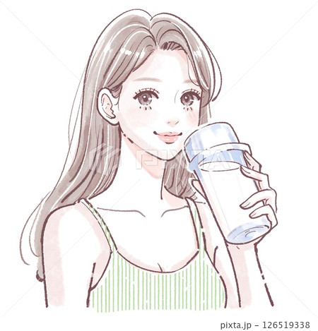 トレーニングウェアの女性がプロテイン・水・栄養ドリンクを飲むイラスト｜ヨガ・ピラティス・ジム・筋トレ 126519338