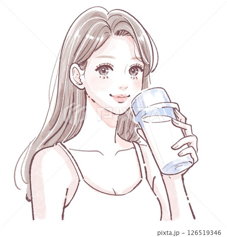トレーニングウェアの女性がプロテイン・水・栄養ドリンクを飲むイラスト|ヨガ・ピラティス・ジム・筋トレ トレーニングウェアの女性がプロテイン・水・栄養ドリンクを飲むイラスト|ヨガ・ピラティス・ジム・筋トレ 126519346