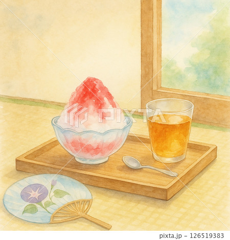 かき氷と麦茶の水彩背景 – Kakigōri & Barley Tea Watercolor Bac 126519383