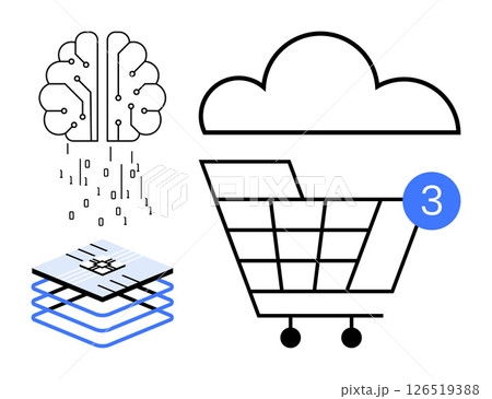 Neural network powering cloud-based online shopping cart with layers of data and binary code. Ideal for AI, machine learning, ecommerce, technology, online shopping, data analysis, cloud computing 126519388