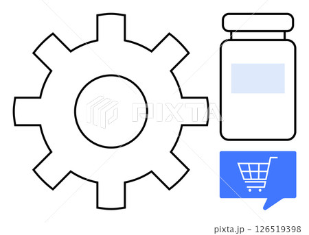 Gear symbol next to a medicine bottle and a shopping cart icon. Ideal for technology, healthcare, e-commerce, manufacturing, process automation, online shopping, pharmaceutical industries. Line 126519398