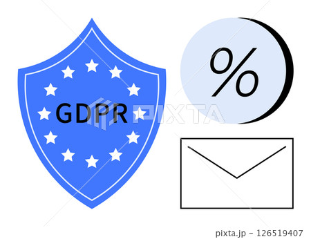 GDPR compliance shield with stars, percentage icon in blue circle, and email envelope. Ideal for data privacy, online security, regulatory compliance, email marketing, data management, EU 126519407