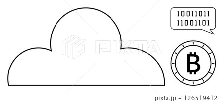 Cloud outline with binary code chat bubble and Bitcoin symbol. Ideal for cloud technology, cryptocurrency, data storage, communication, blockchain, digital finance, coding industries. Line metaphor 126519412