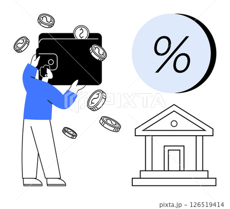 Man holding oversized wallet with coins falling out, large interest rate symbol, and a bank building. Ideal for finance, banking, investing, savings, interest rates, economic concepts,, financial 126519414