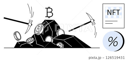 Cryptocurrency mining with pickaxes extracting Bitcoin from rocks, NFT certificate, and percentage symbol. Ideal for blockchain education, crypto transactions, digital assets, virtual economies 126519431