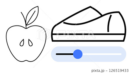 Apple with seeds alongside a casual shoe above a slider with a blue knob. Ideal for health, fitness, nutrition, wellness, simplicity, lifestyle, technology themes. Line metaphor Apple with seeds alongside a casual shoe above a slider with a blue knob. Ideal for health, fitness, nutrition, wellness, simplicity, lifestyle, technology themes. Line metaphor 126519433