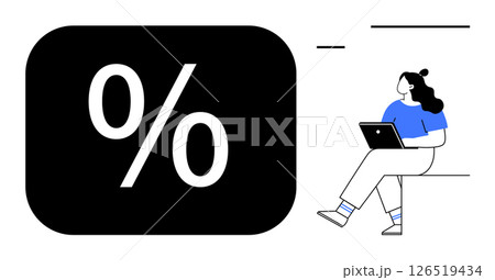 Woman sits with laptop near large percentage symbol. Ideal for financial analysis, business strategy, online education, remote work, data analytics, personal finance, economic growth. Line metaphor Woman sits with laptop near large percentage symbol. Ideal for financial analysis, business strategy, online education, remote work, data analytics, personal finance, economic growth. Line metaphor 126519434