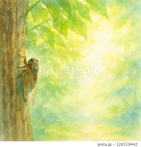 蝉と木陰の水彩背景 – Cicada under Summer Canopy Watercolor  126519442