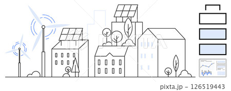 Buildings with solar panels and wind turbines powering urban setting, trees, time-of-day indicators, battery levels, and analytics. Ideal for renewable energy, smart cities, sustainability, green 126519443