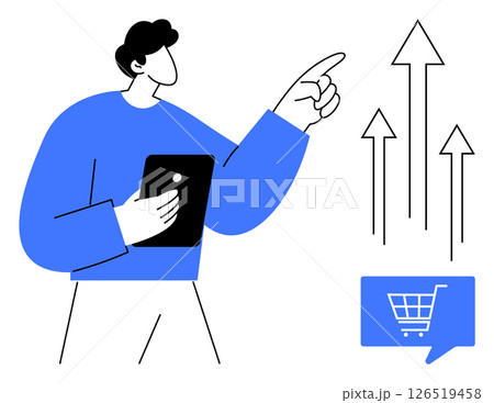 Businessperson holding tablet, pointing at ascending arrows, blue shopping cart icon. Ideal for e-commerce growth, business analysis, online shopping, sales strategies, marketing success, digital Businessperson holding tablet, pointing at ascending arrows, blue shopping cart icon. Ideal for e-commerce growth, business analysis, online shopping, sales strategies, marketing success, digital 126519458