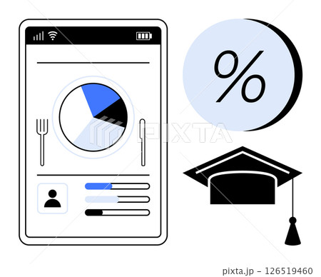 Business team analyzing data on a mobile device interface with a pie chart, percentage symbol, and graduation cap. Ideal for education, statistics, analysis, business, finance, mobile apps 126519460
