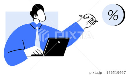 Business professional working on a laptop and holding a pen, indicating a percentage symbol. Ideal for finance, investment, statistics, accounting, sales analysis, business strategy, and economic Business professional working on a laptop and holding a pen, indicating a percentage symbol. Ideal for finance, investment, statistics, accounting, sales analysis, business strategy, and economic 126519467