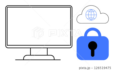 Computer monitor beside a cloud icon with a globe and a blue padlock. Ideal for technology, cybersecurity, data protection, online privacy, and internet security. Simple flat design. Themes include 126519475