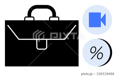 Black briefcase alongside blue video call and percentage icons. Ideal for business, finance, remote work, virtual meetings, digital communication, financial analysis, corporate presentations. Line 126519488