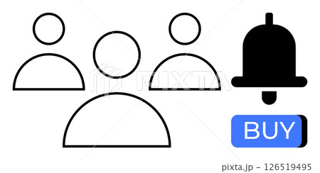 Three simple human figures indicating a group, next to a notification bell and a BUY button. Ideal for marketing, e-commerce, notifications, customer engagement, online shopping, communication tools Three simple human figures indicating a group, next to a notification bell and a BUY button. Ideal for marketing, e-commerce, notifications, customer engagement, online shopping, communication tools 126519495