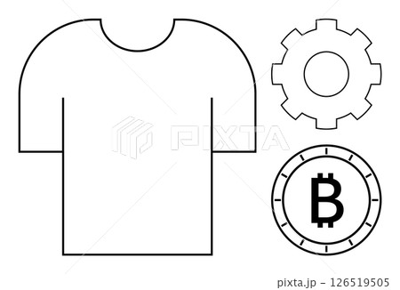 Simple outline drawings of a T-shirt, gear wheel, and Bitcoin coin. Ideal for fashion, cryptocurrency, technology, finance, e-commerce, branding, and universal design concepts. Line metaphor 126519505