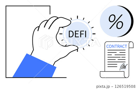 Hand holding DEFI coin, percentage icon, and contract scroll with signature. Ideal for finance, blockchain, decentralized finance, smart contracts, cryptocurrency, interest rates, fintech. Line Hand holding DEFI coin, percentage icon, and contract scroll with signature. Ideal for finance, blockchain, decentralized finance, smart contracts, cryptocurrency, interest rates, fintech. Line 126519508
