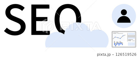 SEO text with a cloud beneath, a user profile icon to the right, and a data analytics dashboard with graphs and charts. Ideal for digital marketing, search engine optimization, web analytics, content 126519526