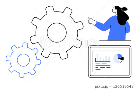 Woman pointing at graph on screen two large gear icons. Ideal for business and technology teamwork presentations workflow diagrams process optimization project management and data analytics. Clean Woman pointing at graph on screen two large gear icons. Ideal for business and technology teamwork presentations workflow diagrams process optimization project management and data analytics. Clean 126519545