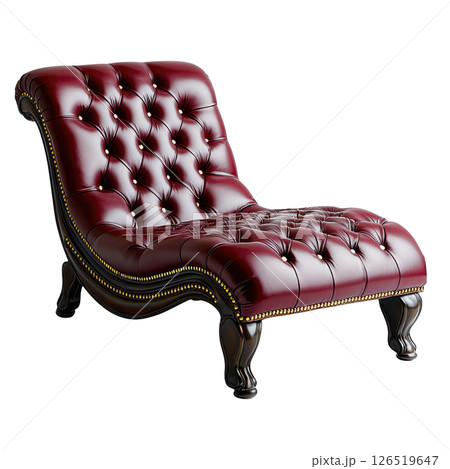 Luxurious chaise lounge in rich burgundy leather with elegant brass accents 126519647