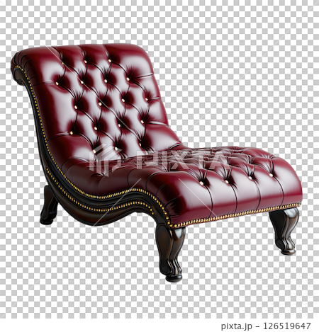 Luxurious chaise lounge in rich burgundy leather with elegant brass accents 126519647